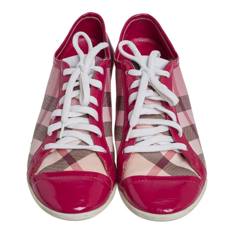 Pre Owned Burberry Pink Nova Check Canvas And Patent Leather Low Top Sneakers Size 38