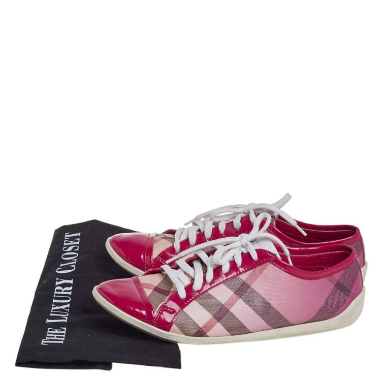 Pre Owned Burberry Pink Nova Check Canvas And Patent Leather Low Top Sneakers Size 38