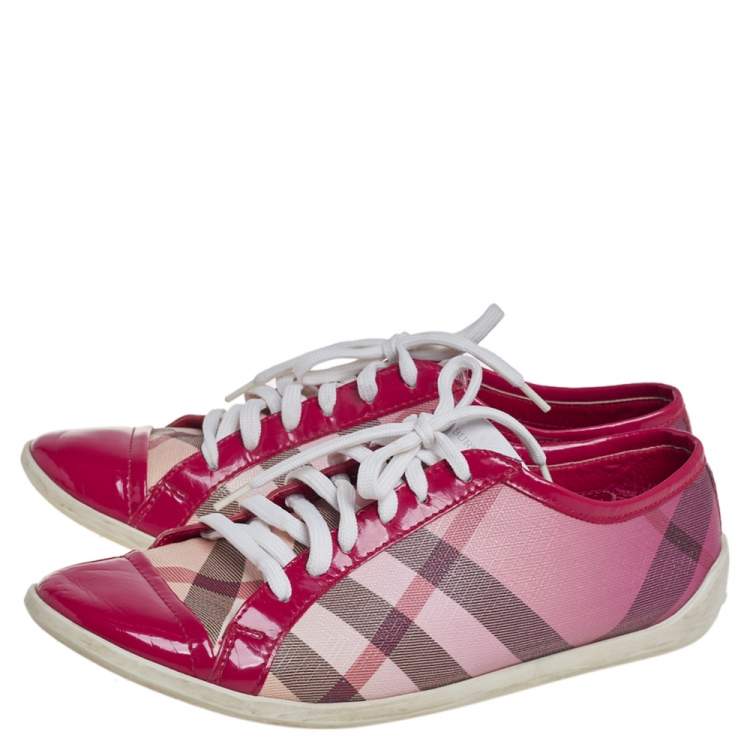 Pre Owned Burberry Pink Nova Check Canvas And Patent Leather Low Top Sneakers Size 38