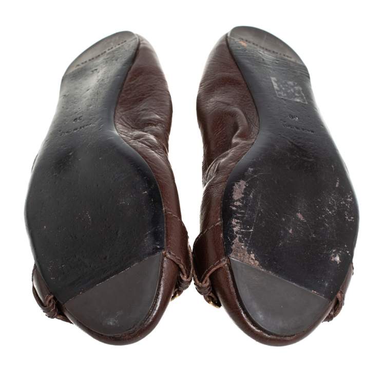 Pre Owned Burberry Brown Leather Embellished Ballet Flats Size 39