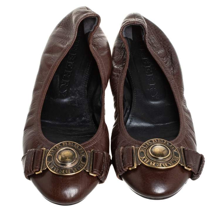 Pre Owned Burberry Brown Leather Embellished Ballet Flats Size 39