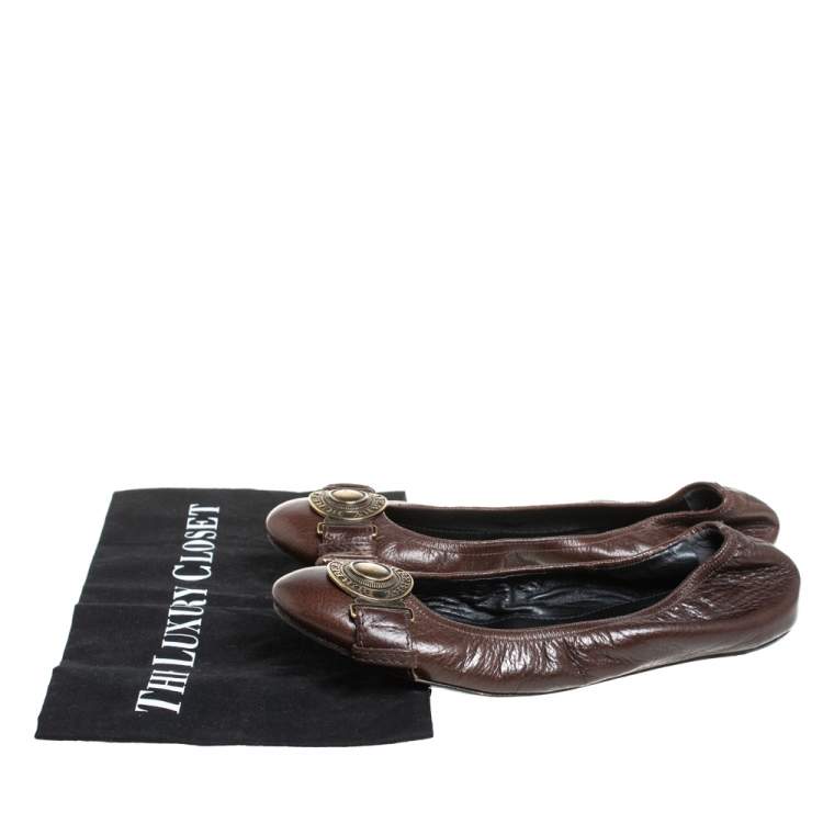 Pre Owned Burberry Brown Leather Embellished Ballet Flats Size 39