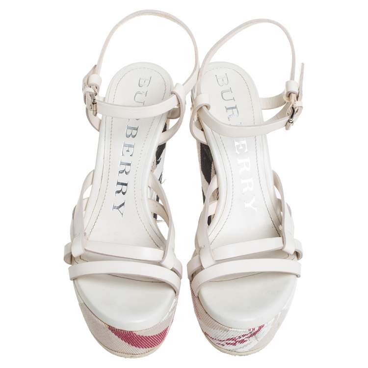 Pre Owned Burberry White Leather And Canvas Strappy Wedge Platform Ankle Strap Sandals Size 38
