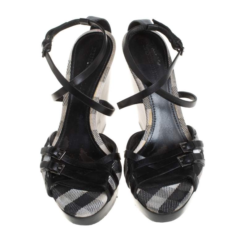 Pre Owned Burberry Black Leather Strappy Slingback Wedge Sandals Size 40