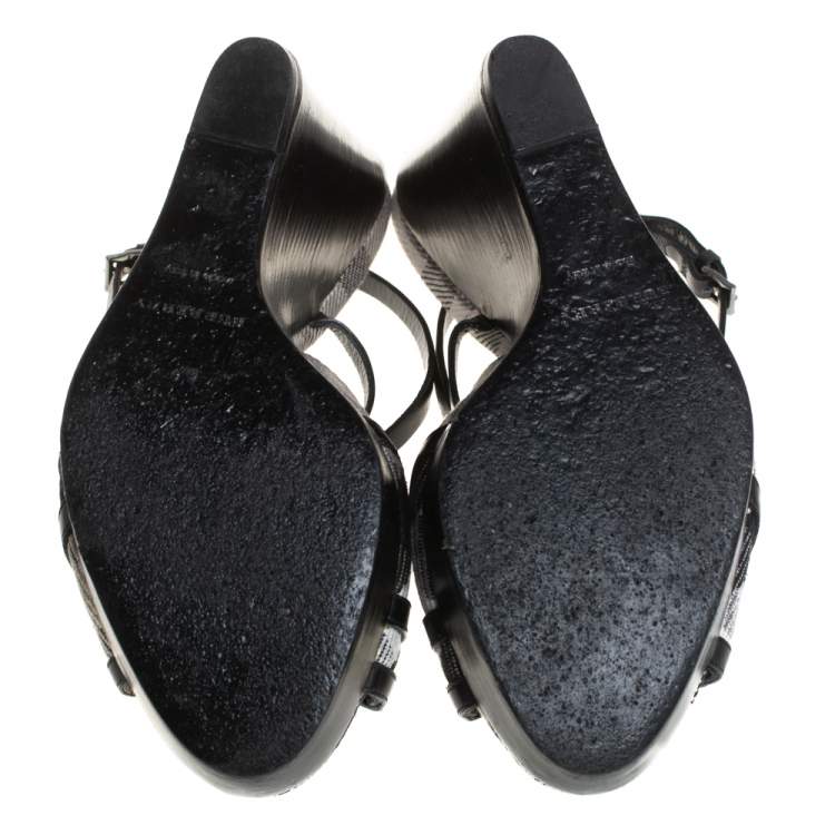 Pre Owned Burberry Black Leather Strappy Slingback Wedge Sandals Size 40