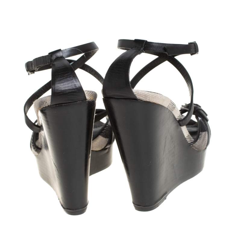Pre Owned Burberry Black Leather Strappy Slingback Wedge Sandals Size 40