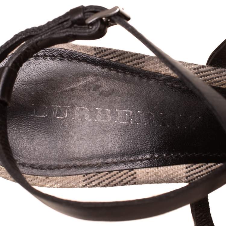 Pre Owned Burberry Black Leather Strappy Slingback Wedge Sandals Size 40