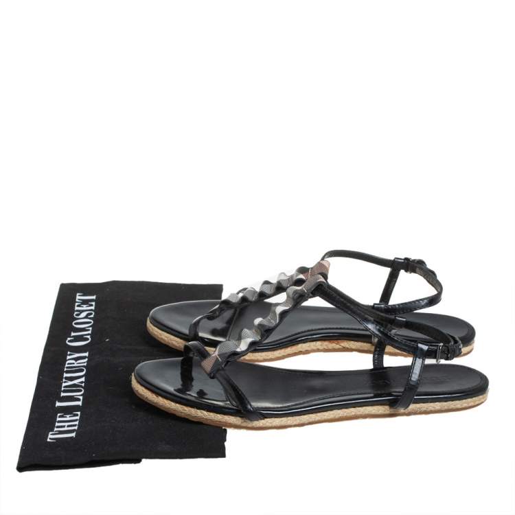 Pre Owned Burberry Black Leather Westerdale T Strap Espadrille Flat Sandals Size 40