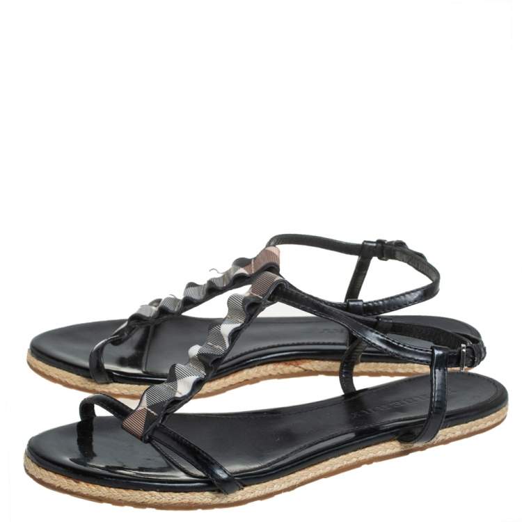 Pre Owned Burberry Black Leather Westerdale T Strap Espadrille Flat Sandals Size 40