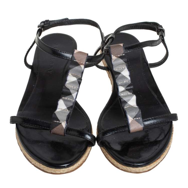 Pre Owned Burberry Black Leather Westerdale T Strap Espadrille Flat Sandals Size 40