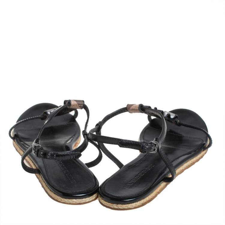 Pre Owned Burberry Black Leather Westerdale T Strap Espadrille Flat Sandals Size 40