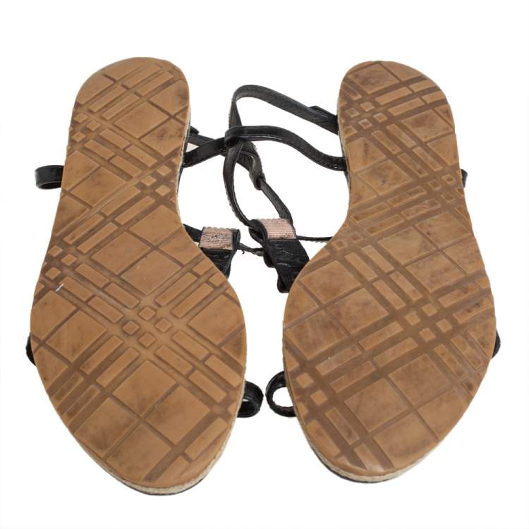 Pre Owned Burberry Black Leather Westerdale T Strap Espadrille Flat Sandals Size 40