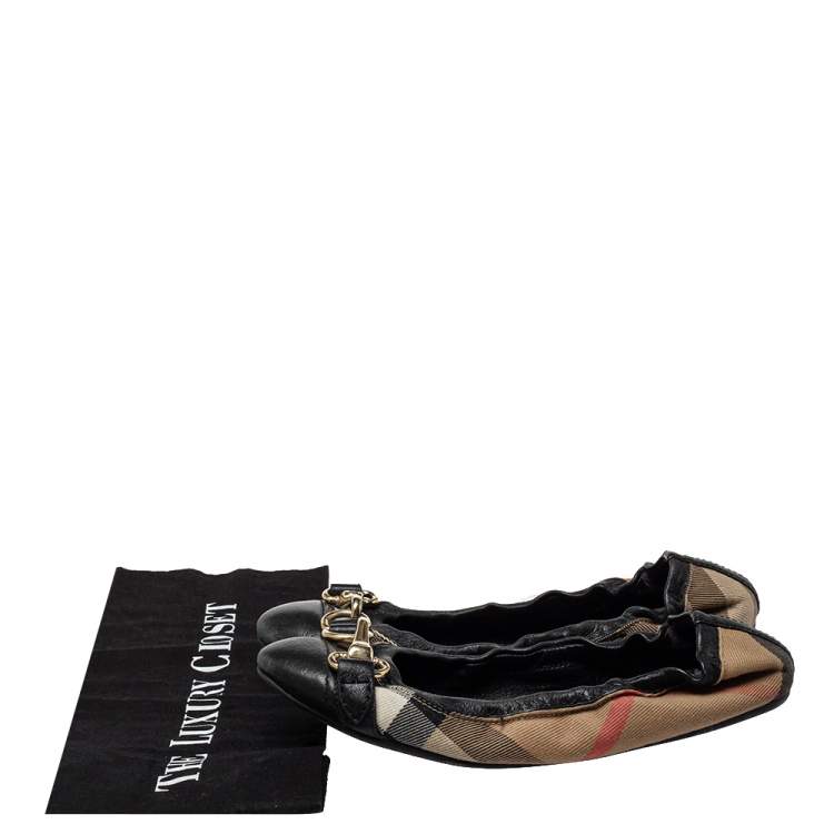 Pre Owned Burberry Black House Check Canvas And Leather Shipley Ballet Flats Size 36