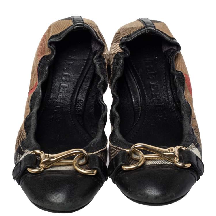 Pre Owned Burberry Black House Check Canvas And Leather Shipley Ballet Flats Size 36