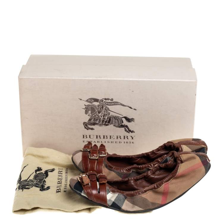 مملوكة مسبقًا Burberry Brown House Check Canvas and Leather Falcony Scrunch Ballet Flats Size 36