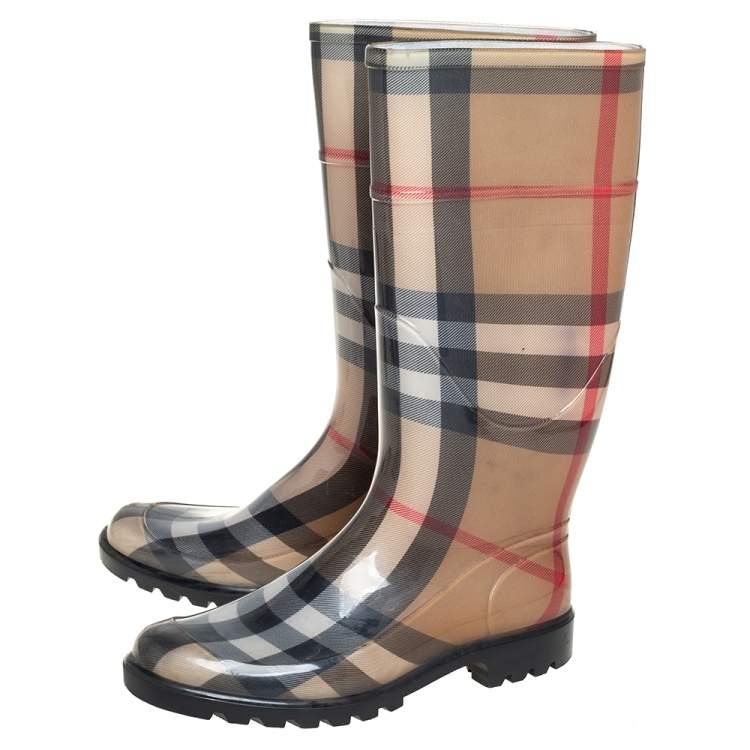Pre Owned Burberry Beige Nova Check Rubber Knee Length Boots Size 39
