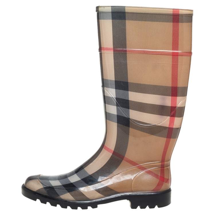 Pre Owned Burberry Beige Nova Check Rubber Knee Length Boots Size 39
