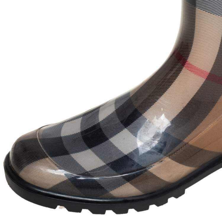 Pre Owned Burberry Beige Nova Check Rubber Knee Length Boots Size 39