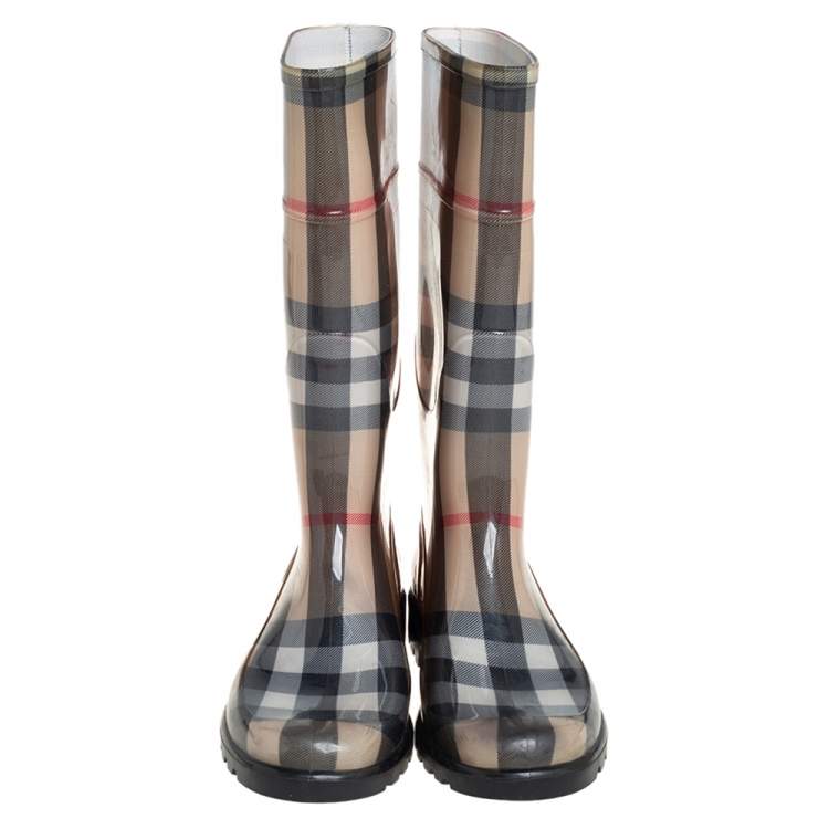 Pre Owned Burberry Beige Nova Check Rubber Knee Length Boots Size 39