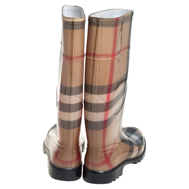 Pre Owned Burberry Beige Nova Check Rubber Knee Length Boots Size 39