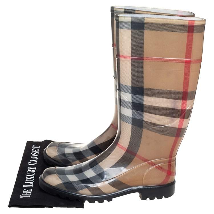 Pre Owned Burberry Beige Nova Check Rubber Knee Length Boots Size 39