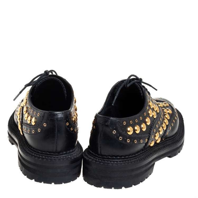 Pre Owned Burberry Black Leather Deardown Studded Lace Up Oxfords Size 38