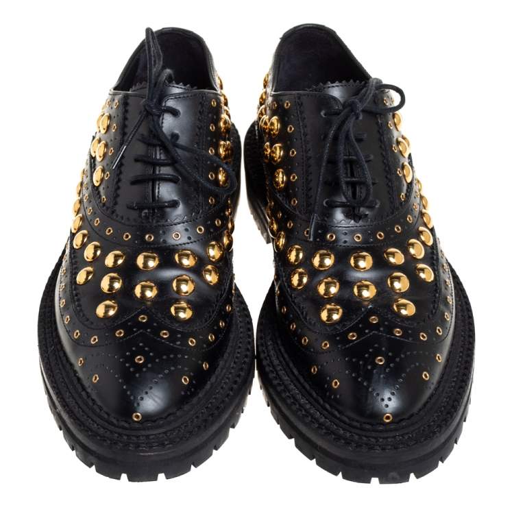 Pre Owned Burberry Black Leather Deardown Studded Lace Up Oxfords Size 38