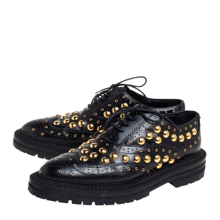 Pre Owned Burberry Black Leather Deardown Studded Lace Up Oxfords Size 38