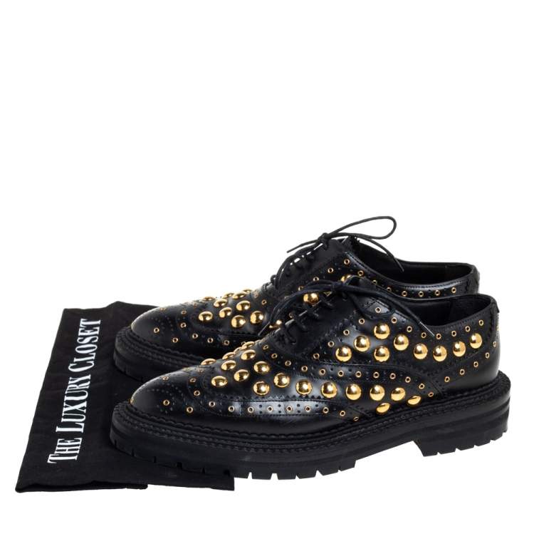 Pre Owned Burberry Black Leather Deardown Studded Lace Up Oxfords Size 38