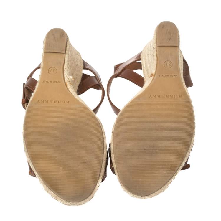 Pre Owned Burberry Brown Leather Buckle Detailed Espadrille Wedge Ankle Strap Sandals Size 37