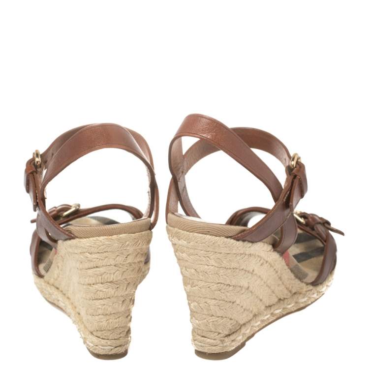 Pre Owned Burberry Brown Leather Buckle Detailed Espadrille Wedge Ankle Strap Sandals Size 37