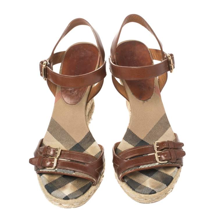 Pre Owned Burberry Brown Leather Buckle Detailed Espadrille Wedge Ankle Strap Sandals Size 37