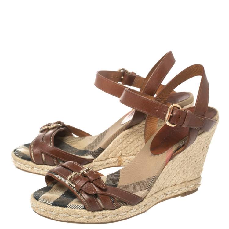 Pre Owned Burberry Brown Leather Buckle Detailed Espadrille Wedge Ankle Strap Sandals Size 37