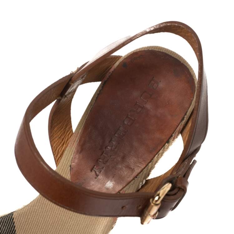 Pre Owned Burberry Brown Leather Buckle Detailed Espadrille Wedge Ankle Strap Sandals Size 37