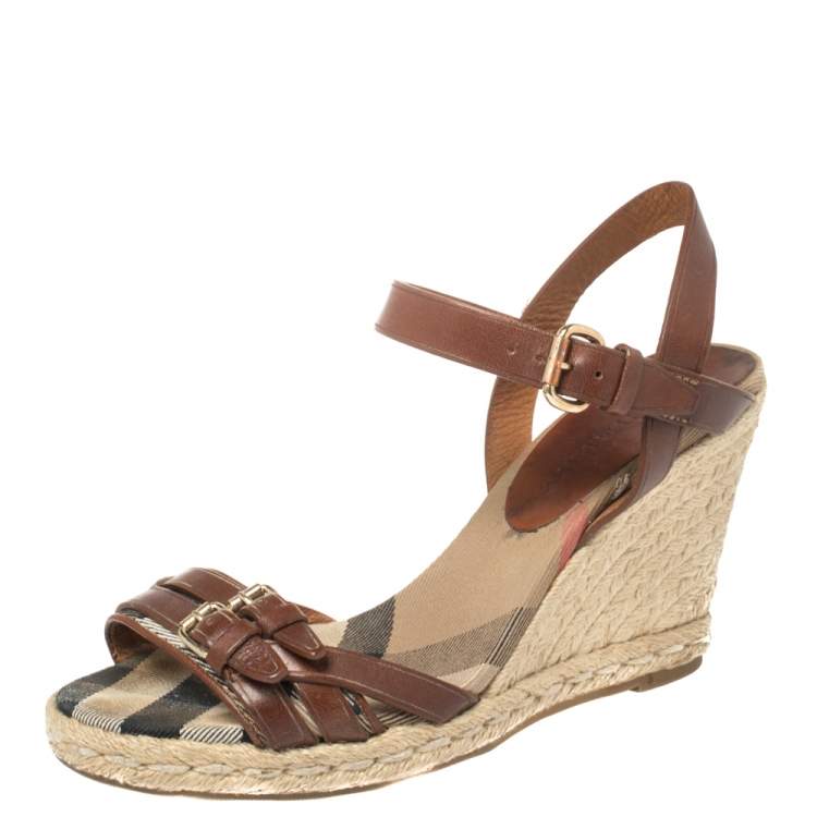Pre Owned Burberry Brown Leather Buckle Detailed Espadrille Wedge Ankle Strap Sandals Size 37
