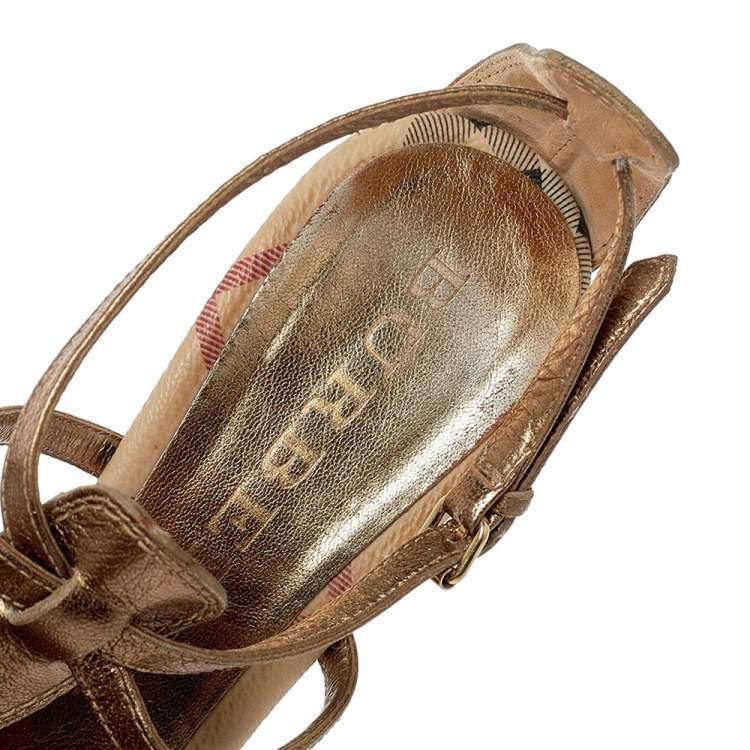 Pre Owned Burberry Metallic Gold Leather Arket Splash Platform Ankle Strap Sandals Size 38