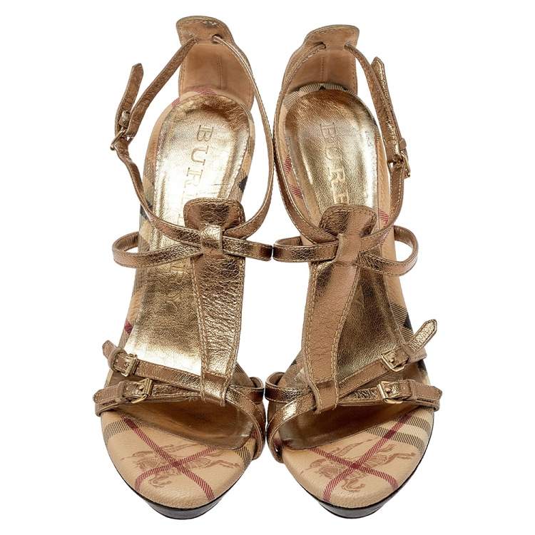 Pre Owned Burberry Metallic Gold Leather Arket Splash Platform Ankle Strap Sandals Size 38