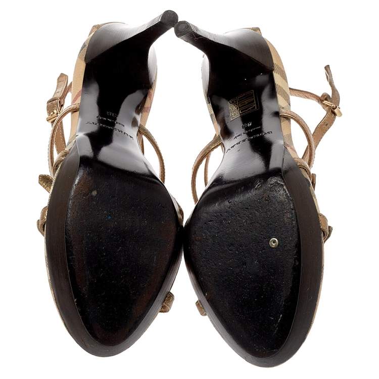 Pre Owned Burberry Metallic Gold Leather Arket Splash Platform Ankle Strap Sandals Size 38