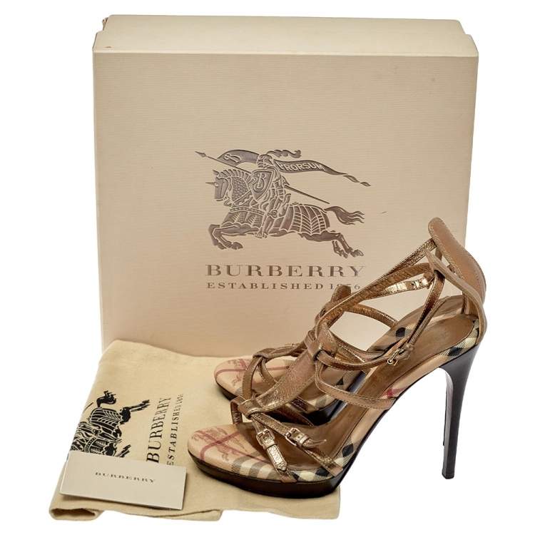 Pre Owned Burberry Metallic Gold Leather Arket Splash Platform Ankle Strap Sandals Size 38