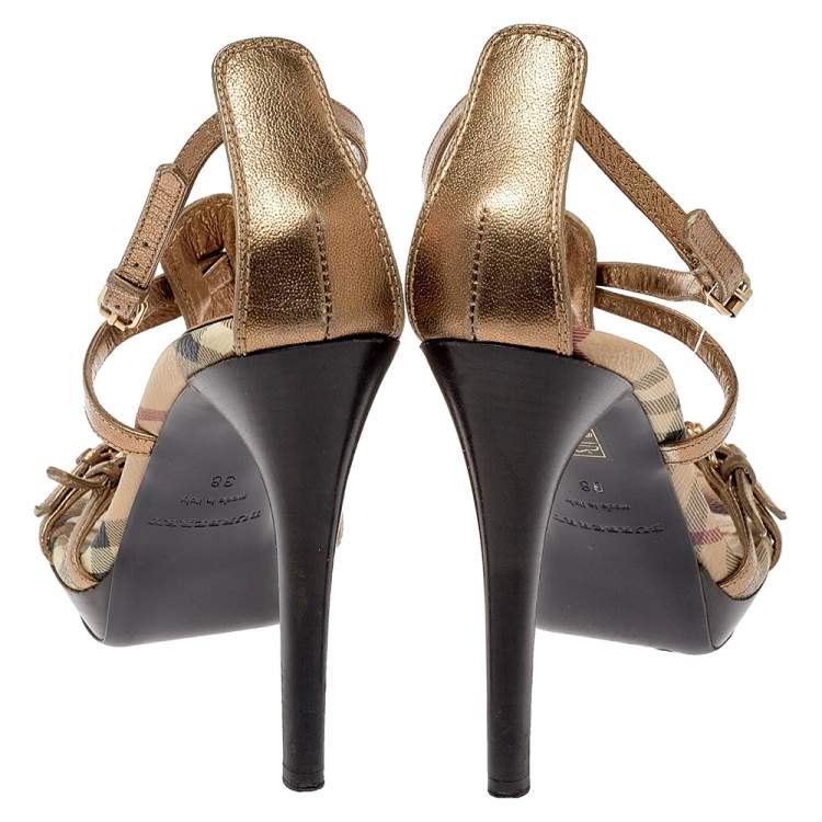Pre Owned Burberry Metallic Gold Leather Arket Splash Platform Ankle Strap Sandals Size 38