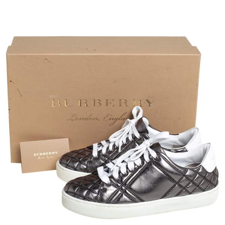 Pre Owned Burberry Metallic Gunmetal Quilted Leather Westford Low Top Sneakers Size 37