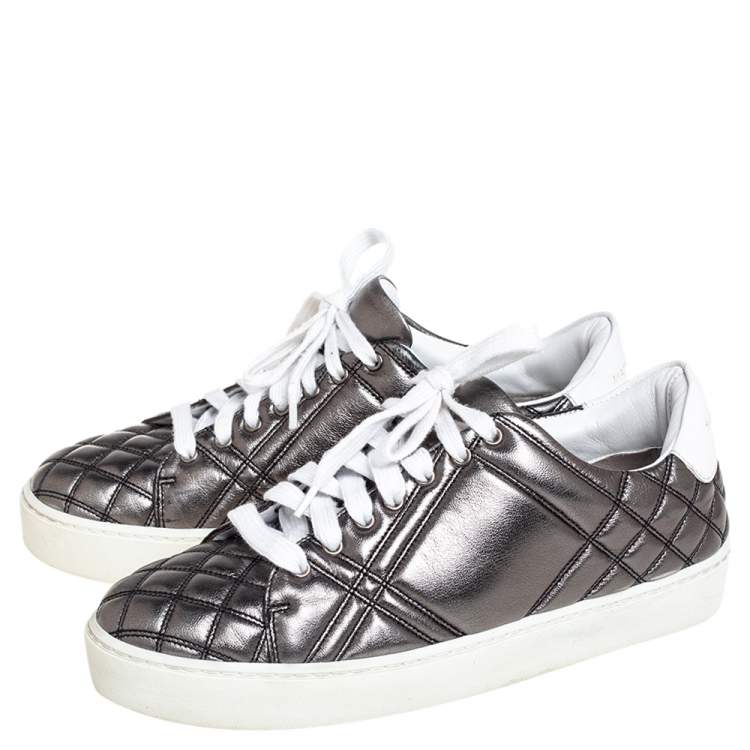 Pre Owned Burberry Metallic Gunmetal Quilted Leather Westford Low Top Sneakers Size 37