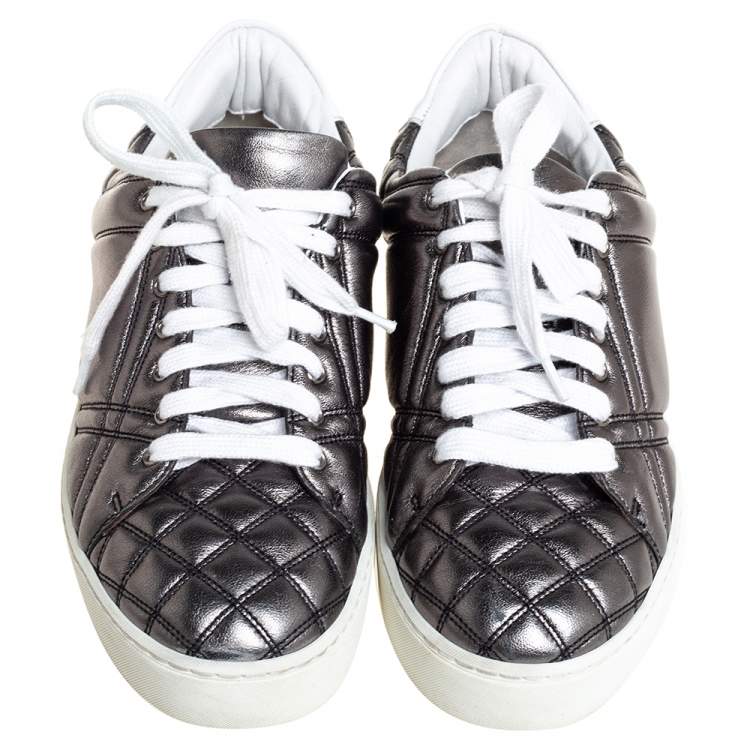 Pre Owned Burberry Metallic Gunmetal Quilted Leather Westford Low Top Sneakers Size 37