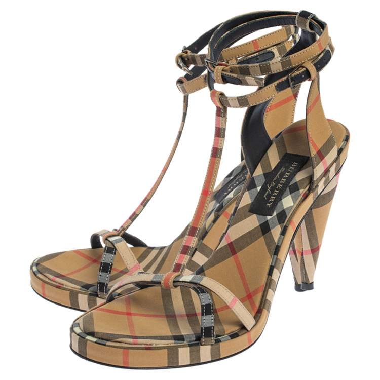 Pre Owned Burberry Beige Novacheck Canvas Hans T-Strap Sandals Size 37