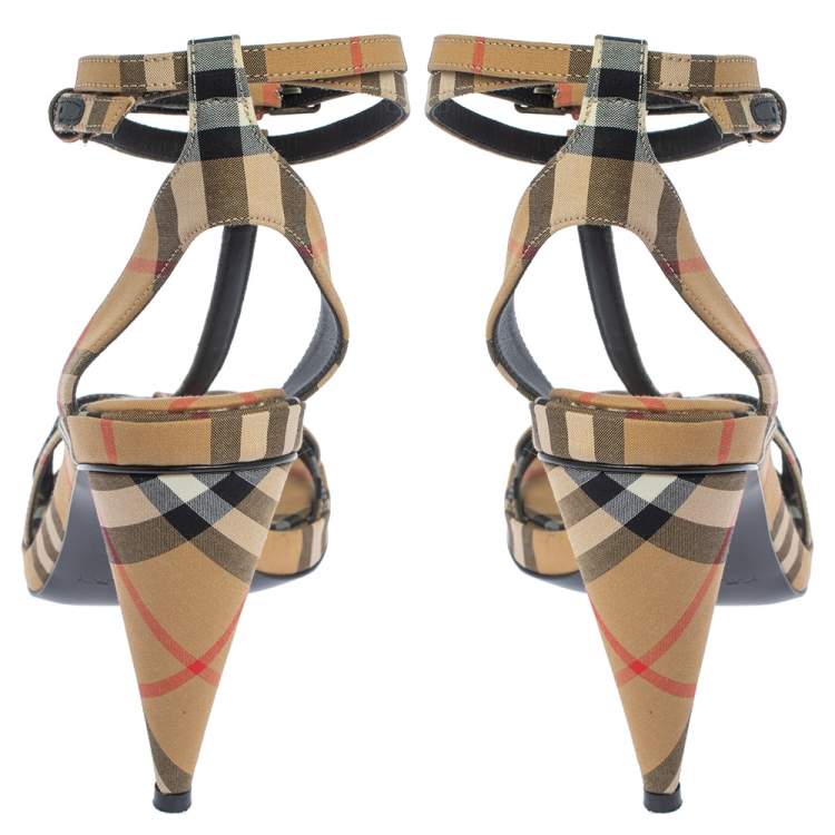Pre Owned Burberry Beige Novacheck Canvas Hans T-Strap Sandals Size 37