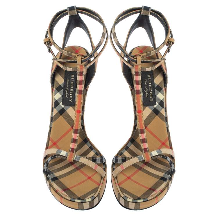 Pre Owned Burberry Beige Novacheck Canvas Hans T-Strap Sandals Size 37