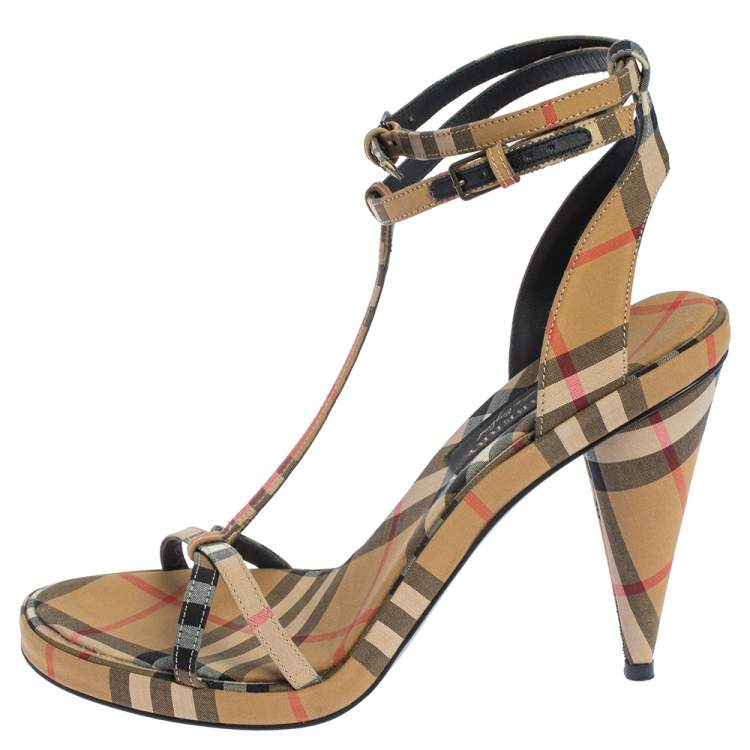Pre Owned Burberry Beige Novacheck Canvas Hans T-Strap Sandals Size 37