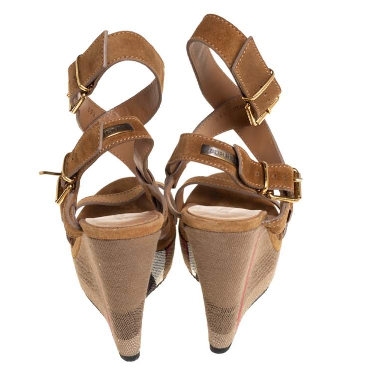 Pre Owned Burberry Brown Suede Criss Cross Strappy Platform Ankle Strap Sandals Size 39.5