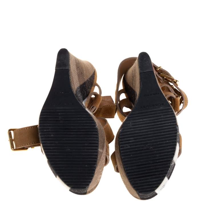 Pre Owned Burberry Brown Suede Criss Cross Strappy Platform Ankle Strap Sandals Size 39.5