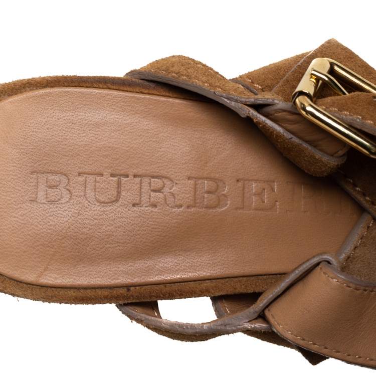 Pre Owned Burberry Brown Suede Criss Cross Strappy Platform Ankle Strap Sandals Size 39.5